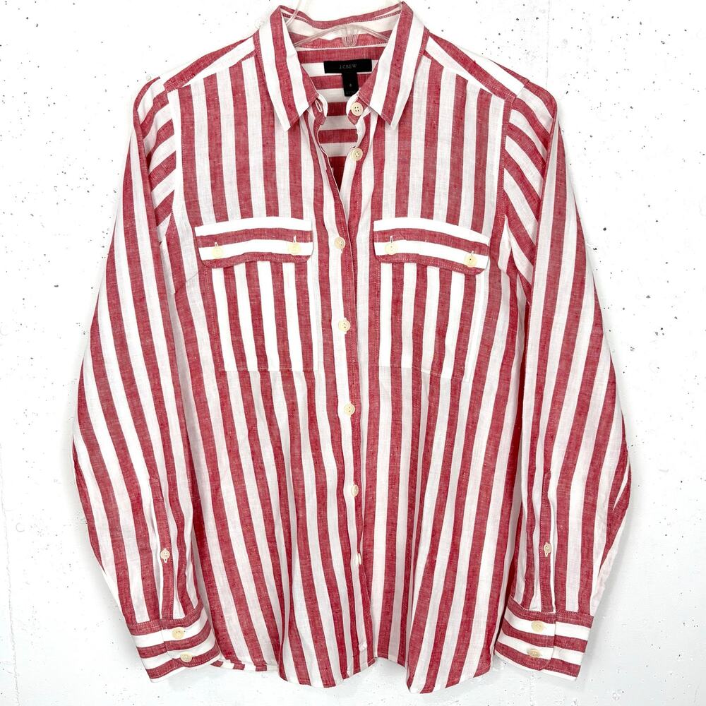 J.Crew Wexel Stripe Linen Shirt Button Up Collared Long Sleeve Red White Size 6